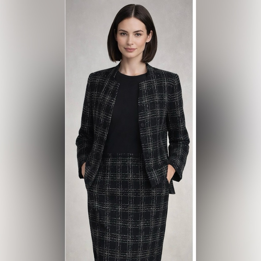 NWT Le Suit Petite Women's 2-Piece Black Plaid Suit Jacket & Skirt Set Size 16P